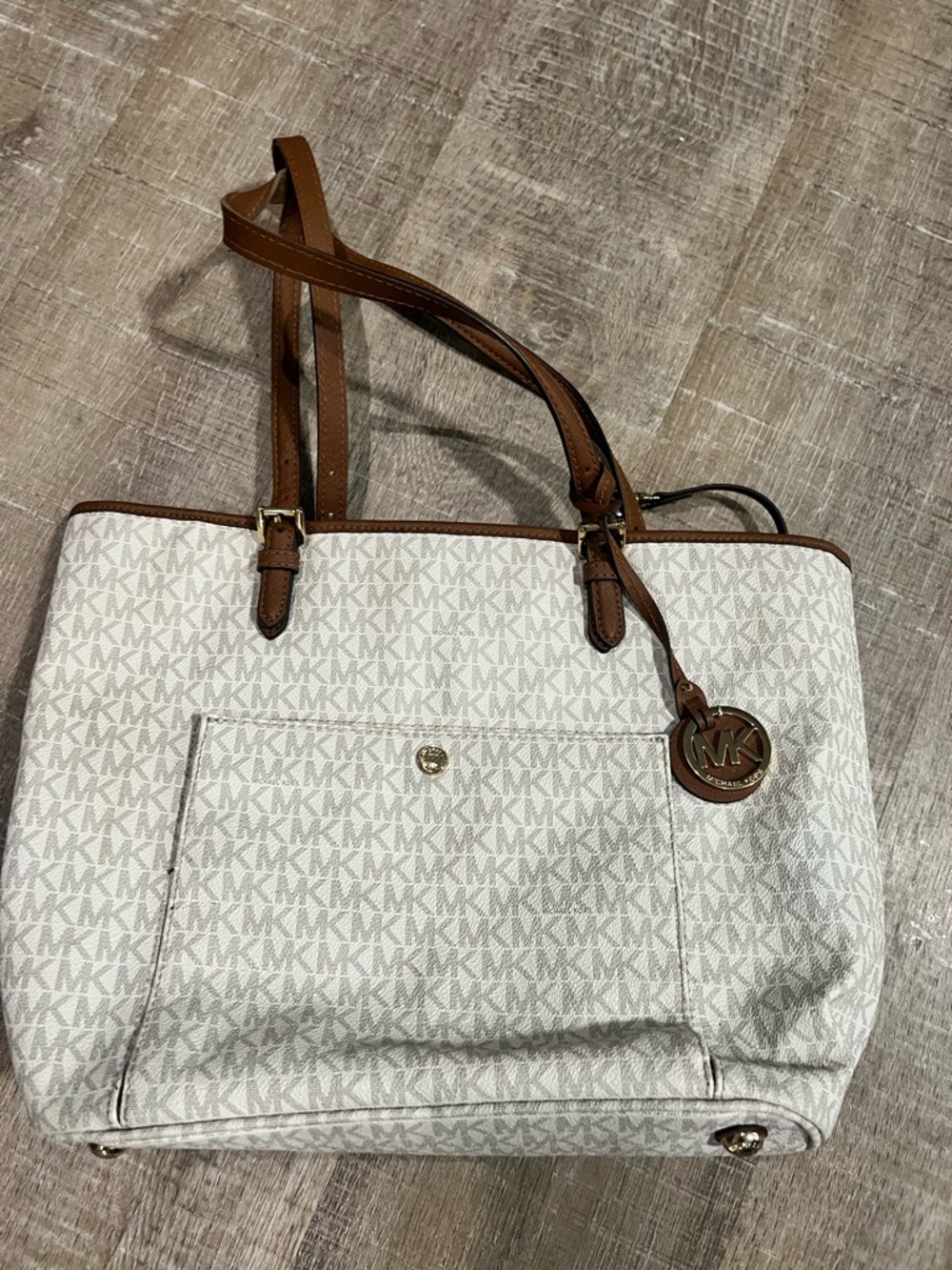 Michael Kors Cream Monogram Tote with Brown Trim